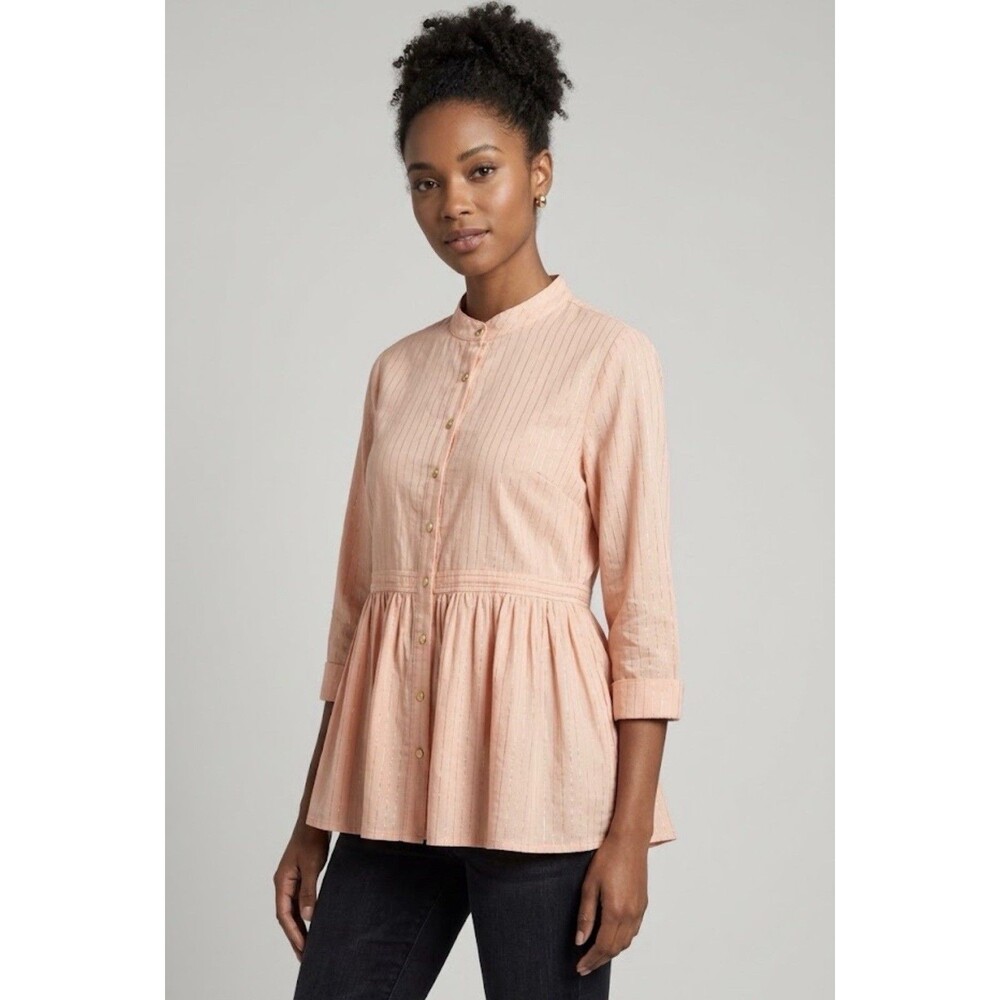 April Cornell Ruffle Hem Tunic M Cottagecore Babydoll  Button up Blouse Stripe